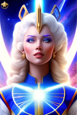 cosmic woman admiral from the future, one fine whole face, large cosmic forehead, crystalline skin, expressive blue eyes, blue hair, smiling lips, very nice smile, costume pleiadian,rainbow ufo Beautiful tall pleiadian Galactic commander, ship, perfect datailed golden galactic suit, high rank, long blond hair, hand whit five perfect detailed finger, amazing big blue eyes, smilling mouth, high drfinition lips, cosmic happiness, bright colors, blue, pink, gold, jewels, realistic, real