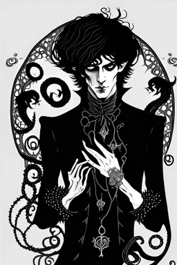 black haired young man necromancer wizard with gothic jewelry and tentacle fingers in the style of Aubrey Beardsley