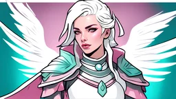 Generate a dungeons and dragons character portrait of the face of a female cleric of peace aasimar blessed by the god Helm. She has dark pink hair and white glow eyes. White wings on her back with dark pink and teal accents.