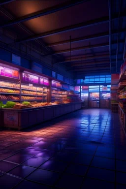 A trendy urban indoor supermarket at dusk, with graffiti art, purple background, cozy fresh goods, and string lights creating a magical and inviting ambiance.