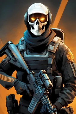 Skeleton mask special operative from Overwatch as an Apex Legends character digital illustration portrait design by, Mark Brooks and Brad Kunkle detailed, gorgeous lighting, wide angle action dynamic portrait