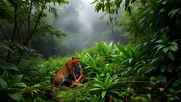 The image features a lush, green jungle scene with dense foliage. A leopard is positioned next to a person sitting amidst the vibrant plants, creating a sense of harmony between human and wildlife in a natural setting. The atmosphere is serene, enhanced by the mist that adds depth to the scene.