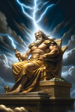 "Behold the majestic figure of Zeus, ruler of the heavens, as he sits upon his throne of clouds, his lightning bolt in hand, ready to strike down any who dare challenge his divine authority."