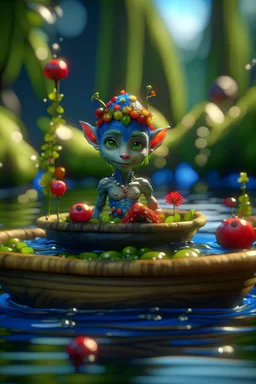 glass elf pixie hippie creature on small raft with a bowl of magical fruit soup, in the style of fantasy movies, photorealistic, shot on Hasselblad h6d-400c, zeiss prime lens, bokeh like f/0.8, tilt-shift lens 8k, high detail, smooth render, unreal engine 5, cinema 4d, HDR, dust effect, vivid colors