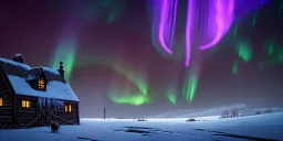 Medieval fantasy small Cattle farm in a bleak cold land, northern lights, misty, mountainous