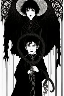 7 year old boy, necromancer, friendly, looks dead,with a lamprey serpent , wearing black robes, in the style of Harry Clarke