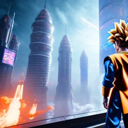 Son-goku in a cyberpunk setting with skyscrapers and spaceships in background, close-up face, extreme details, realistic, unreal engine, 4k