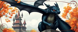 portrait of a shiny black dragon squirrel in autumn, flying above wooden castle, breathing smoke, book cover illustration, with swirly border