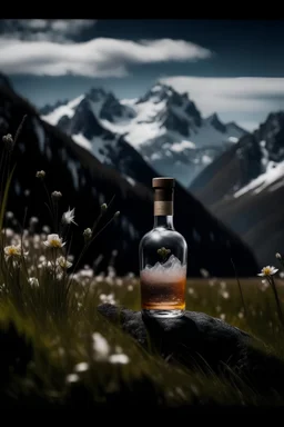 liquor bottle in a field with flowers, mountains with snow and waterfall on the background