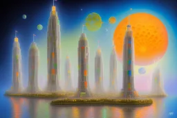 Painting of one mile tall plastic moon city Towers made out of stacked Rubik's Cubes, Orange, white, blue, green. Jewel tones