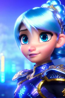 Cyborg anime warrior, light blue hair, short and messy hairstyle, pierced ears, round ears, golden eyes, waist up portrait, 8k resolution, intricate details, ornate details, soft lighting, vibrant colors, retroanime, masterpiece, intricate eyeliner, dark eyeshadow, eyes, intricate tattoos, futuristic cityscape background