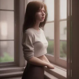 Study girl in university by the window ,movie, real photo realistic, unreal engine, cinematic lighting --ar 1:1 creative