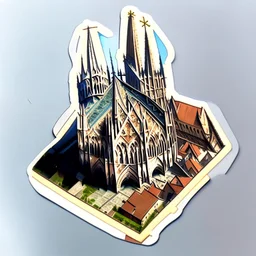 aerial view of a digital artwork of a medieval cathedral as a sticker