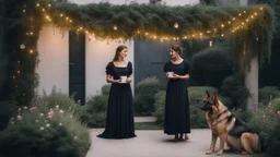 In the minimalist garden lit by hanging garlands, a woman in a dark dress held a cup of tea, the German Shepherd standing by her side, keeping watch.