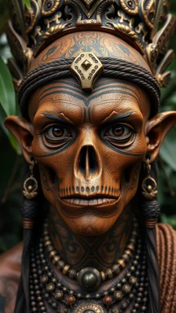 Wide shot, hyperrealistic, ultra HD, of an Arabic king with Mayan features, tribal tattoos, textured copper skin, elongated skull, tribal jewelry, large, almond-shaped eyes with round, dark pupils, small, wide nose, small nostrils, thin lips, and pointed ears. The figure is set against a jungle environment.