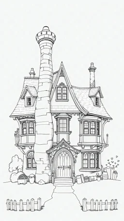 A highly detailed front elevation line drawing of a crooked fantasy house, with a twisted tall chimney, rooms and floors added to the sides and roofs, like Harry Potter's the Burrow.