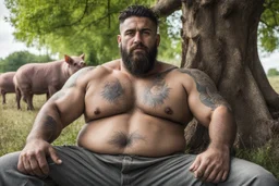 extreme close up of a 28 year old turkish farmer tattoed, sturdy, hairy very muscular overweight, with very short beard ,dreadlocks , big nose, big shoulders , big arms, relaxes sitting leaning against a tree in the middle of a meadow full of pigs, shirtless with ruined old shorts, strong and muscular hairy legs, bare feet, photorealistic bucolic scene, view from the bottom, looking at camera