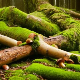 Fallen log on a forest floor, covered with mushrooms, and moss,highly detailed,hyperrealism,fantasy