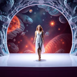 A full-body shot of a beautiful lady walking on a nice stage and looking at the camera 3D fractal interstellar world.