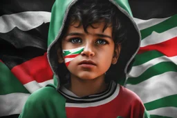 A crying Palestinian child in a broken hospital, Palestine flag, neon effect , close picture, highly detailed, high details, detailed portrait, masterpiece,ultra detailed, ultra quality