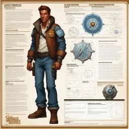 character concept sheet with AD&D statistics and characteristics, [high res photo by Norman Rockwell for MEGA module B3] MEGA (Galactic Messenger) Traveler - Clad in a casual yet functional outfit, resembling loose jeans paired with a leather jacket or comfortable jogging attire. Despite the laid-back appearance, the character conceals cutting-edge high-tech equipment cleverly disguised within a few medieval tools. This juxtaposition of modern technology hidden within ancient artifacts