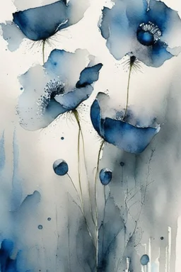 Abstract wet watercolour, grey blue poppies