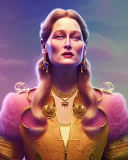 beautiful illustration of a young plum merryl streep, julianne morre, in the mountains, in the style viktor klint and moebius, rim light, vibrant moody colors, plain background, soft lighting, unreal engine