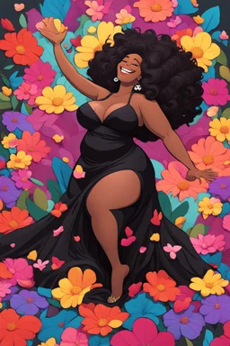 A sassy thick-lined magna style cartoon black female lounging lazily on her side, surrounded by colorful large flower petals. her curvy body silhouette a black maxi dress. Looking up coyly, she grins widely, showing teeth. Her poofy hair forms a mane framing her confident, regal expression.