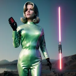 Ultra Realistic retro sci-fi portrait image from 1960, spaceship, sweet young Jane Fonda, dress with tight latex suit, fighting stance with lightsaber, soft color, highly detailed, unreal engine 5, ray tracing, RTX, lumen lighting, ultra detail, volumetric lighting, 3d, finely drawn, high definition, high resolution.