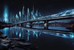 Dreamlike skyline of downtown weird futuristic hightech dark city in 4050 and a stunning futuristic unique glass-metallic shiny bridge during moonlight over the dark silver color river, cold colors, evil atmosphere, high detalied, dark sci-fi mood,distopia, landscape