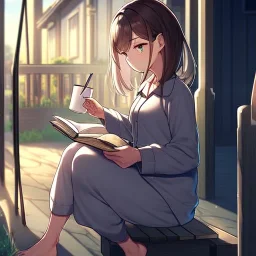 anime girl sitting on a porch swing of an old house, wearing pajamas, drinking a cup of coffee, writing in a book, its raining outside