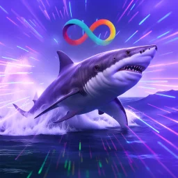 infinity symbol ∞ with vibrant powerful shark jumping out of the sea, striking, neon, chiaroscuro, dramatic, captivating, powerful, fantasy, beautiful, octane render, 16k post-production, artstation: award-winning: atmospheric: commanding: fantastical: clarity: ultra quality: striking: brilliance: stunning colors: amazing depth; lens: f/11, 35mm