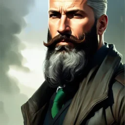 "MIddle aged white human male, with a trimmed but uneven beard, piercing green eyes with slick back hair,complete head and shoulders portrait, 8k resolution concept art portrait by Greg Rutkowski, Artgerm, WLOP, Alphonse Mucha dynamic lighting hyperdetailed intricately detailed Splash art trending on Artstation triadic colors Unreal Engine 5 volumetric lighting Splash art fantasy"