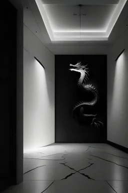 We make it black, veined walls and a white floor, with a reception in a rectangular shape, and hidden or rich lighting or the dragon