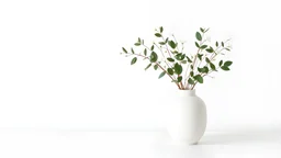 "A minimalist and elegant scene featuring a white vase with delicate green leaves and white flowers arranged in a simple, modern style. The vase is placed on a clean, white surface against a plain white background, creating a serene and peaceful atmosphere. The composition emphasizes simplicity and elegance, perfect for a modern interior design aesthetic. The image is ideal for showcasing minimalist decor, home styling, or floral arrangement in a contemporary setting."