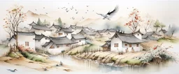 A white village with windmills and birds painted by Zhang Lu