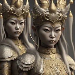 statue 3D japanese viking Girl silver, Thai pattern, Thai dress, detailed pattern, pattern, template, prototype, weaving gold 4k silver face wing golden eyes