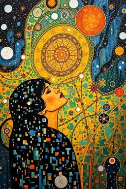 hypnotized by pixels and dopamine; Post-Modern Celestial Pop Art with surreal elements; Gustav Klimt inspired painting.
