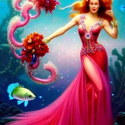 Perfect and beautiful face of teen robyn lively, holographic gown, holding a bouquet of floral coral, bubbles, upward flowing long hair, gloves hidden under the bouquet, underwater with seashells and fish, seahorses, coral, fantasy, regal, intricate, by stanley artgerm lau, greg rutkowski, thomas kinkade, alphonse mucha, loish, norman rockwell