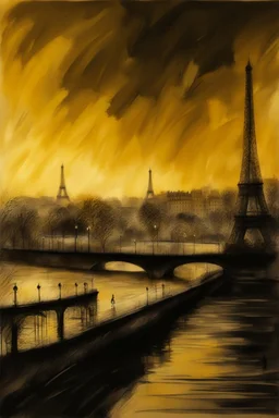 Paris landscape abstract Seine drawing type pencil and painting