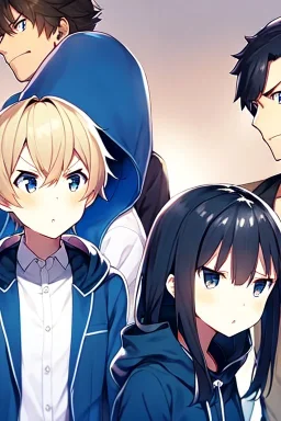 anime style, two girls, two boys, students, hood, angry, high quality, detailed.