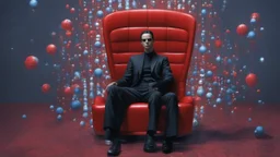 matrix, neo sitting on red old skinny chair, chooses red or blue pill, planets around