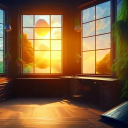 desk, parquet, paper, little pen, in front of one huge bay window with large view on a waterfall with warm light, sunset ,pixar style, panorama, nature, globe, HD