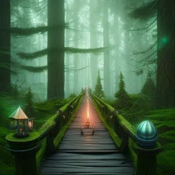 slender green elf on wooden bridge in magical forest, torches, spray painting, foliage frame, fantasy art , movie poster, Realistic photography, incredibly detailed, ultra high resolution, 8k, complex 3d render, cinema 4d, color corrected