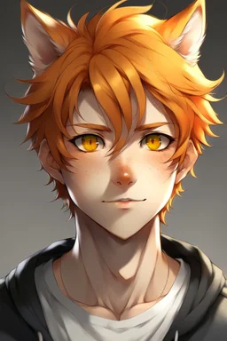 A young adult male human, cat ears, orange messy hair anime realistic