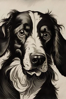 An artistic painting engraved and printed in black and white, a drawing of a whole dog upside down in the style of Picasso In the style of Rembrandt