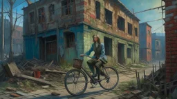 A vintage oil painting of a woman on a bicycle in front of a decaying building, captured in the post-apocalypse city, featuring elements of soviet city architecture, with a touch of socialist realism.