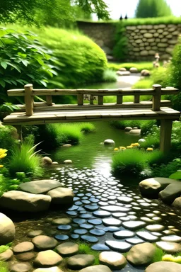 ein bezaubernder garten mit wasser und kleiner tiefer brücke herausstechend das wort matter in blockschrift darestellt