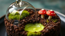 A dessert designed to look like a miniature terrarium, complete with edible soil made of chocolate crumble, tiny marzipan mushrooms, and a glass-like sugar dome. Inside, there's a lush green mousse representing moss. Award-winning photograph, beautiful composition, exquisite detail and illumination