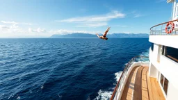Please create a vivid and detailed scene depicting a luxurious ship sailing on the open sea, with stunning mountains visible in the distance. On the deck of the ship, there should be a professional diving board where a skilled female diver performs an impressive dive into the water, executing twists and turns mid-air. The description should capture the elegance of the ship, the beauty of the surrounding landscape, and the gracefulness of the diver's movements. Please structure the output in a na